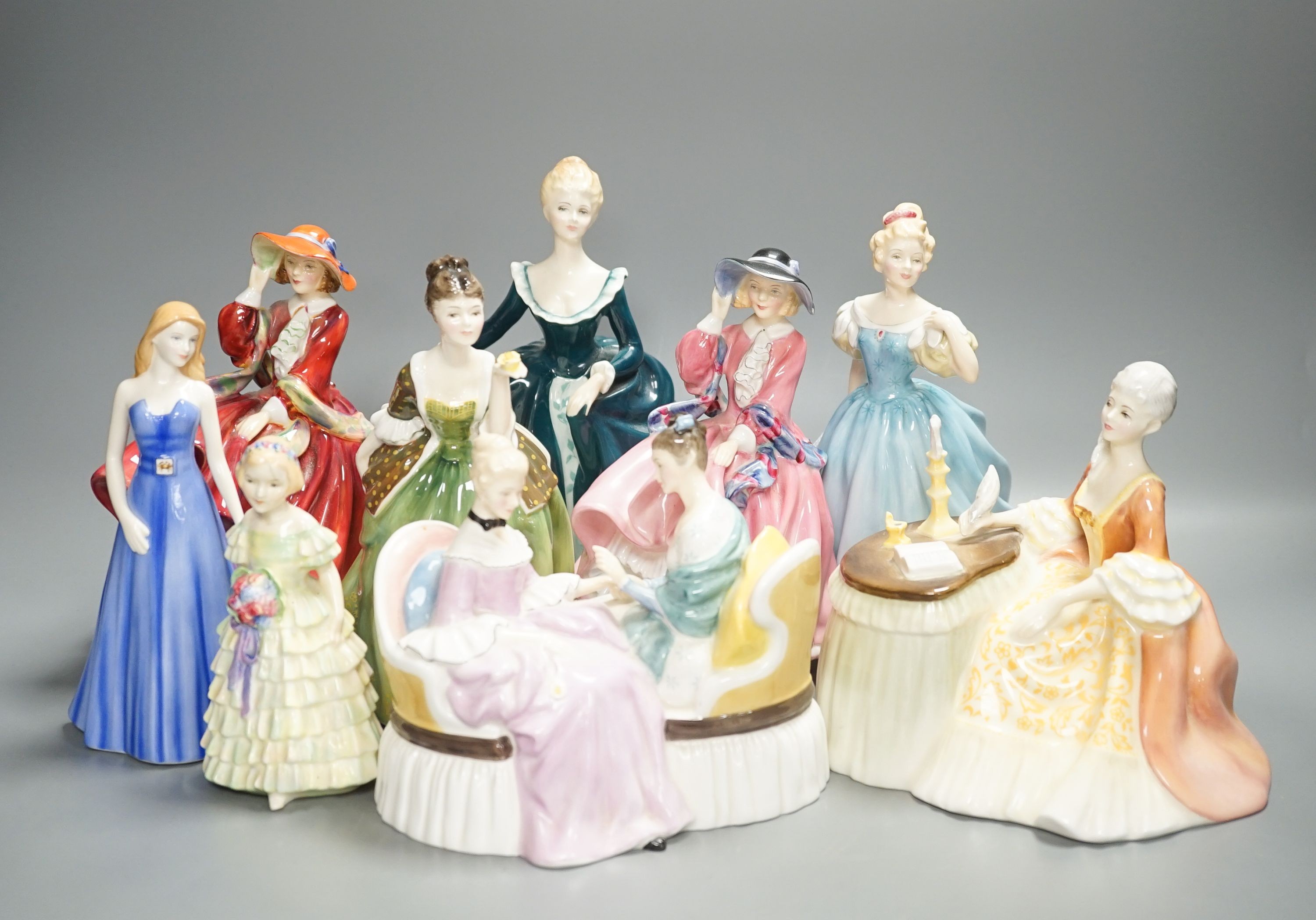 Seven Royal Doulton costume figures and two others Meditation HN2330 and Heart to Heart HN2278 (9)